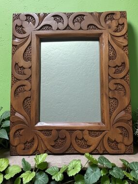 Vintage Hand-Carved Wooden Wall Mirror 11"x9" Artisan Decor Heirloom Statement